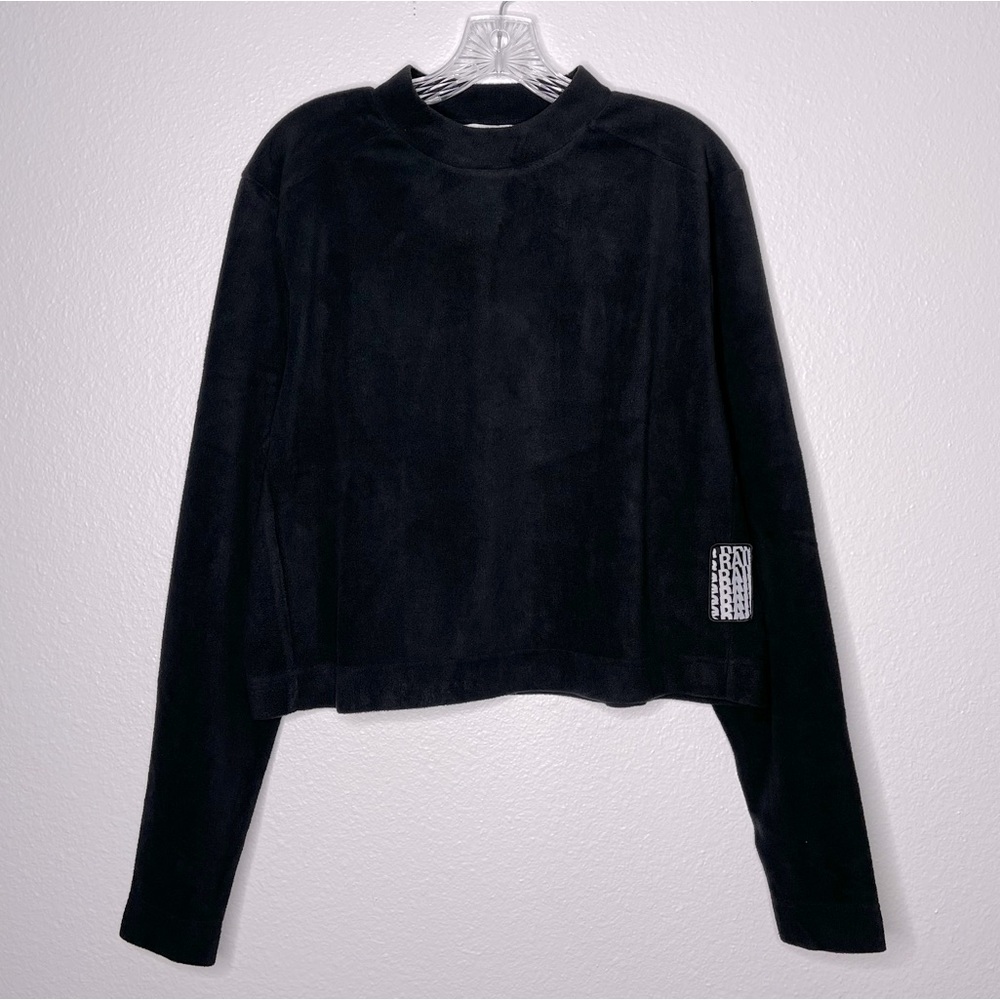 Rains Black Fleece Mock Neck Long‎ Sleeve Crop Top Sweatshirt NWT